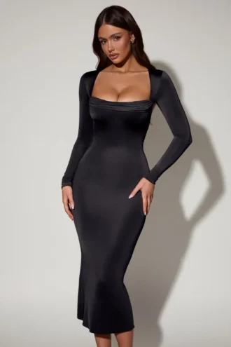 Aimee Cowl-Neck Long-Sleeve Midaxi Dress in Black