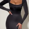 Aimee Cowl-Neck Long-Sleeve Midaxi Dress in Black
