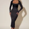Aimee Cowl-Neck Long-Sleeve Midaxi Dress in Black