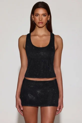 Aine Embellished Jersey Scoop-Neck Racerback Top in Black
