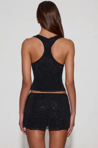 Aine Embellished Jersey Scoop-Neck Racerback Top in Black