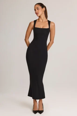 Ainslee Modal Square-Neck Bodycon Midi Dress in Black
