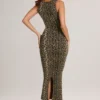 Ainslee Modal Square-Neck Bodycon Midi Dress in Leopard Print
