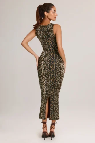 Ainslee Modal Square-Neck Bodycon Midi Dress in Leopard Print