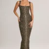 Ainslee Modal Square-Neck Bodycon Midi Dress in Leopard Print