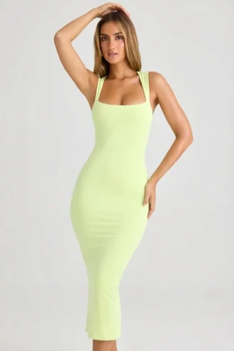 Ainslee Modal Square-Neck Bodycon Midi Dress in Matcha Green