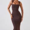 Ainslee Square Neck Midi Dress in Chocolate Brown