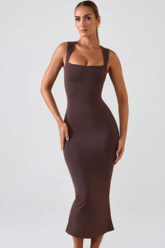 Ainslee Square Neck Midi Dress in Chocolate Brown