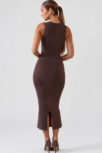 Ainslee Square Neck Midi Dress in Chocolate Brown