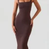 Ainslee Square Neck Midi Dress in Chocolate Brown