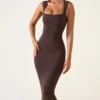 Ainslee Square Neck Midi Dress in Chocolate Brown