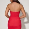 Aisha Bow-Embellished Ruched Halterneck Mini Dress in Red