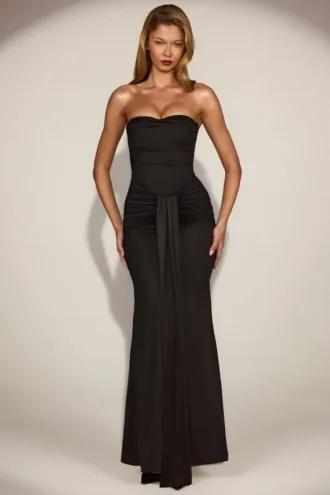 Aisra Satin Peekaboo Bandeau Draped Gown in Black