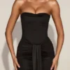 Aisra Satin Peekaboo Bandeau Draped Gown in Black