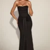 Aisra Satin Peekaboo Bandeau Draped Gown in Black