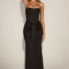 Aisra Satin Peekaboo Bandeau Draped Gown in Black