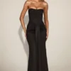 Aisra Satin Peekaboo Bandeau Draped Gown in Black