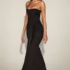 Aisra Satin Peekaboo Bandeau Draped Gown in Black