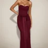 Aisra Satin Peekaboo Bandeau Draped Gown in Wine Red