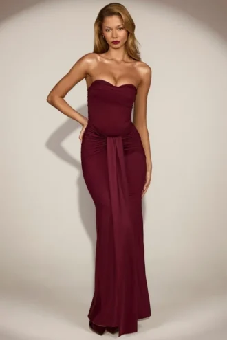 Aisra Satin Peekaboo Bandeau Draped Gown in Wine Red