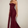 Aisra Satin Peekaboo Bandeau Draped Gown in Wine Red