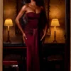 Aisra Satin Peekaboo Bandeau Draped Gown in Wine Red