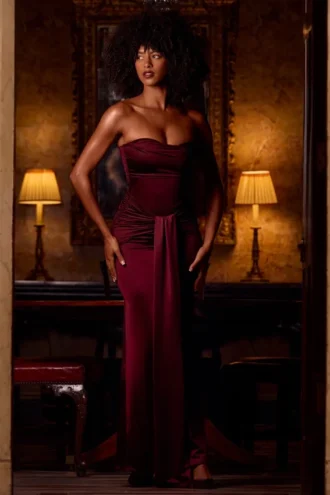 Aisra Satin Peekaboo Bandeau Draped Gown in Wine Red