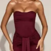 Aisra Satin Peekaboo Bandeau Draped Gown in Wine Red