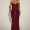 Aisra Satin Peekaboo Bandeau Draped Gown in Wine Red
