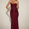 Aisra Satin Peekaboo Bandeau Draped Gown in Wine Red