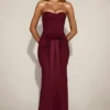 Aisra Satin Peekaboo Bandeau Draped Gown in Wine Red