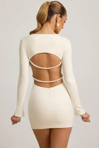 Akari Pearl-Detail Cut-Out Mini Dress in Ivory