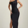 Akeeva Ruched Asymmetric One-Shoulder Maxi Dress in Black