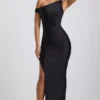 Akeeva Ruched Asymmetric One-Shoulder Maxi Dress in Black