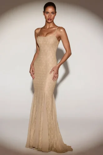 Alabelle Metallic Lace Godet Fishtail Gown in Gold