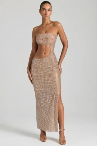 Alamea Embellished Cut-Out Bandeau Maxi Dress in Honey