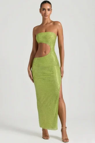Alamea Embellished Cut-Out Bandeau Maxi Dress in Pear Green
