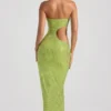 Alamea Embellished Cut-Out Bandeau Maxi Dress in Pear Green