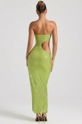 Alamea Embellished Cut-Out Bandeau Maxi Dress in Pear Green