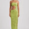 Alamea Embellished Cut-Out Bandeau Maxi Dress in Pear Green