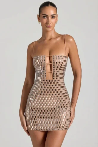 Alanni Embellished Cut-Out Mini Dress in Honey