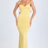 Aldona Slinky Jersey Floral-Appliqué&nbsp;Gown in Pastel Yellow