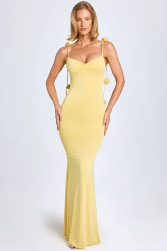 Aldona Slinky Jersey Floral-Appliqué&nbsp;Gown in Pastel Yellow