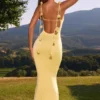 Aldona Slinky Jersey Floral-Appliqué&nbsp;Gown in Pastel Yellow