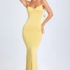 Aldona Slinky Jersey Floral-Appliqué&nbsp;Gown in Pastel Yellow