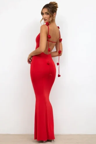 Aldona Slinky Jersey Rose Detail Evening Gown in Scarlet Red