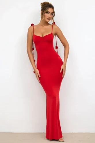 Aldona Slinky Jersey Rose Detail Evening Gown in Scarlet Red