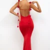 Aldona Slinky Jersey Rose Detail Evening Gown in Scarlet Red