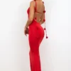 Aldona Slinky Jersey Rose Detail Evening Gown in Scarlet Red