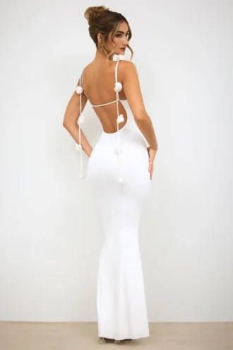 Aldona Slinky Jersey Rose Detail Evening Gown in White